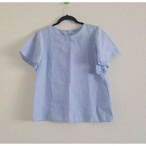 Global Work French Linen Blend Short Sleeve Blue Top Women's Size Medium